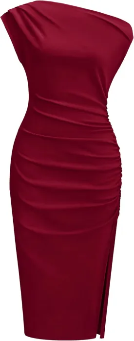 OWIN Women's Sexy Elegant Off Shoulder Sleeveless Side Slit Ruched Bodycon Wedding Guest Cocktail Party Midi Dress