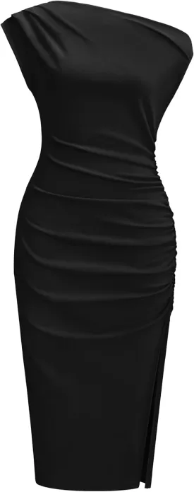 OWIN Women's Sexy Elegant Off Shoulder Sleeveless Side Slit Ruched Bodycon Wedding Guest Cocktail Party Midi Dress