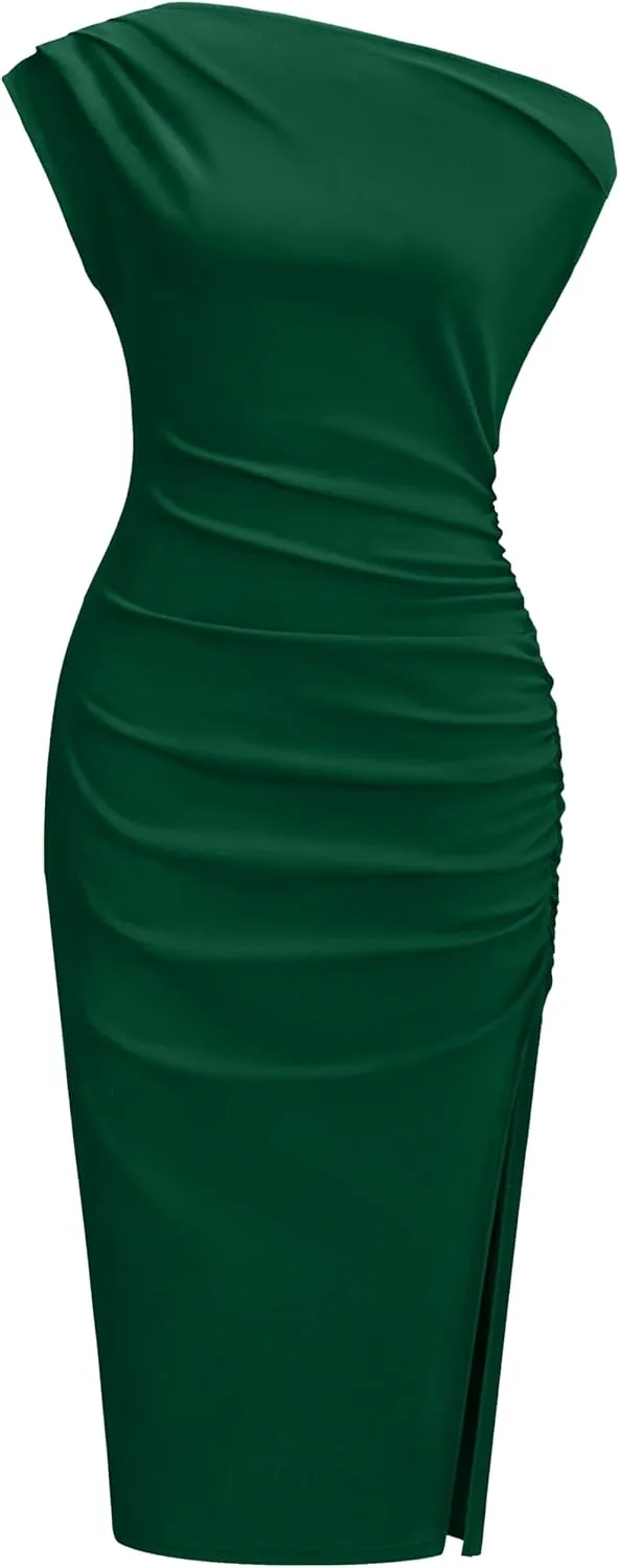 OWIN Women's Sexy Elegant Off Shoulder Sleeveless Side Slit Ruched Bodycon Wedding Guest Cocktail Party Midi Dress