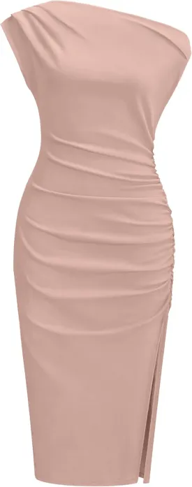 OWIN Women's Sexy Elegant Off Shoulder Sleeveless Side Slit Ruched Bodycon Wedding Guest Cocktail Party Midi Dress