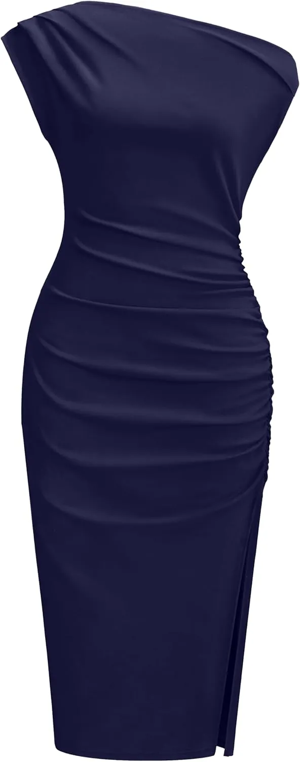 OWIN Women's Sexy Elegant Off Shoulder Sleeveless Side Slit Ruched Bodycon Wedding Guest Cocktail Party Midi Dress