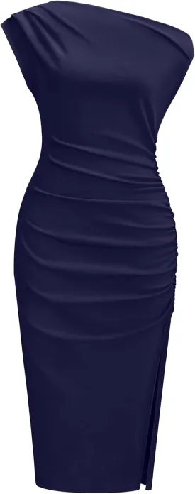 OWIN Women's Sexy Elegant Off Shoulder Sleeveless Side Slit Ruched Bodycon Wedding Guest Cocktail Party Midi Dress