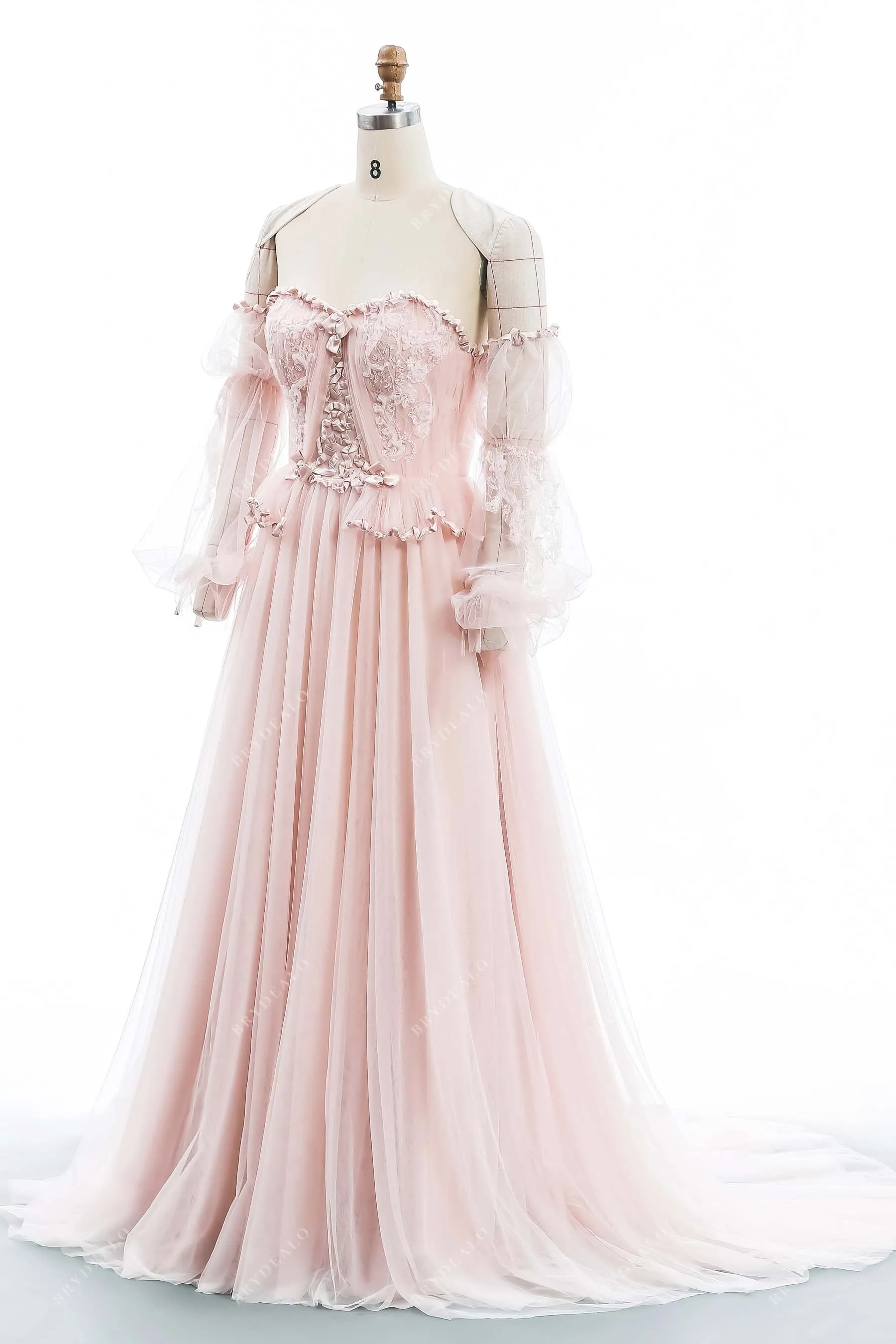 Pearl Pink Lace Tulle Designer Sweetheart Corset Off Shoulder Wedding Dress