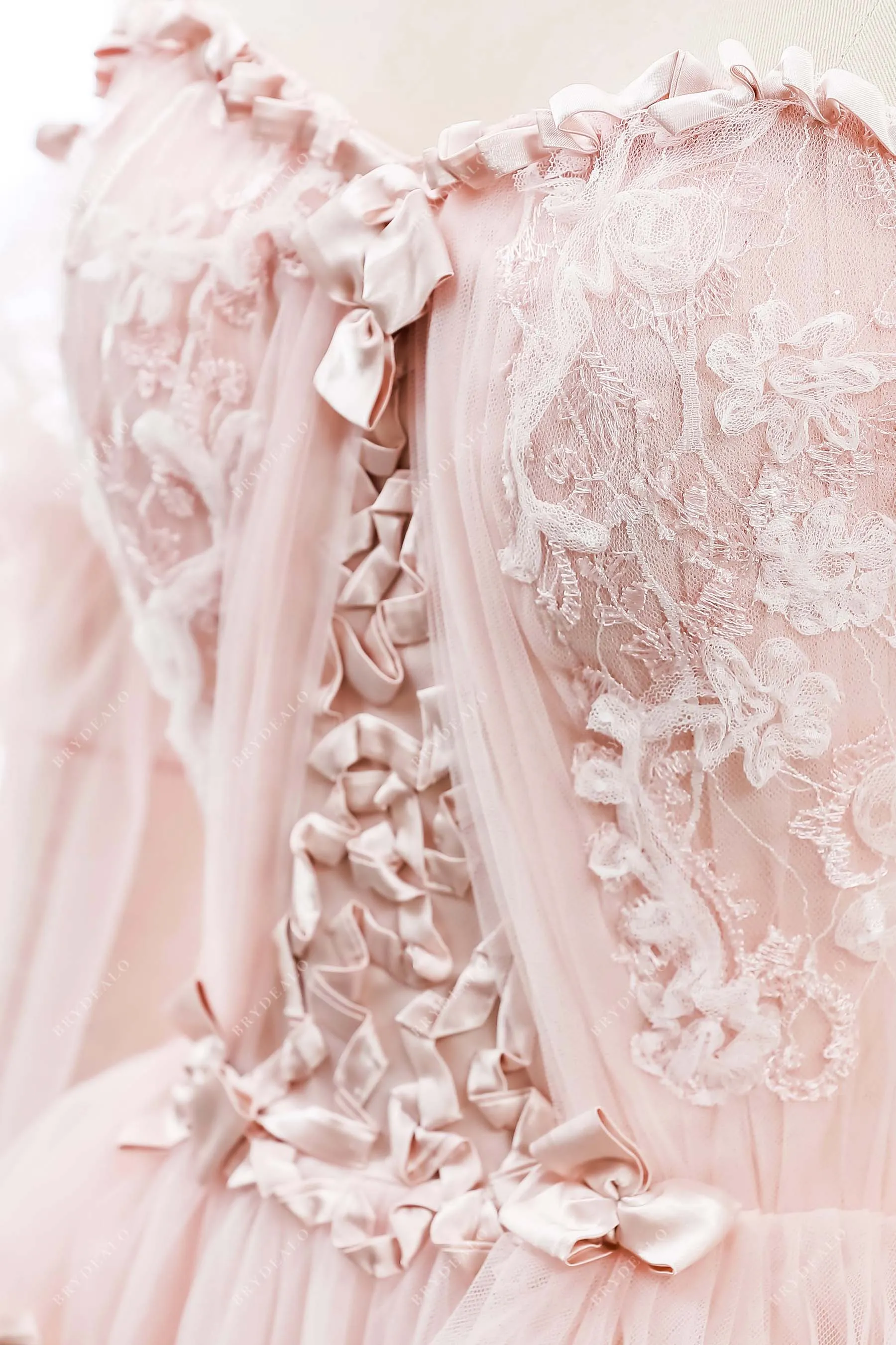 Pearl Pink Lace Tulle Designer Sweetheart Corset Off Shoulder Wedding Dress