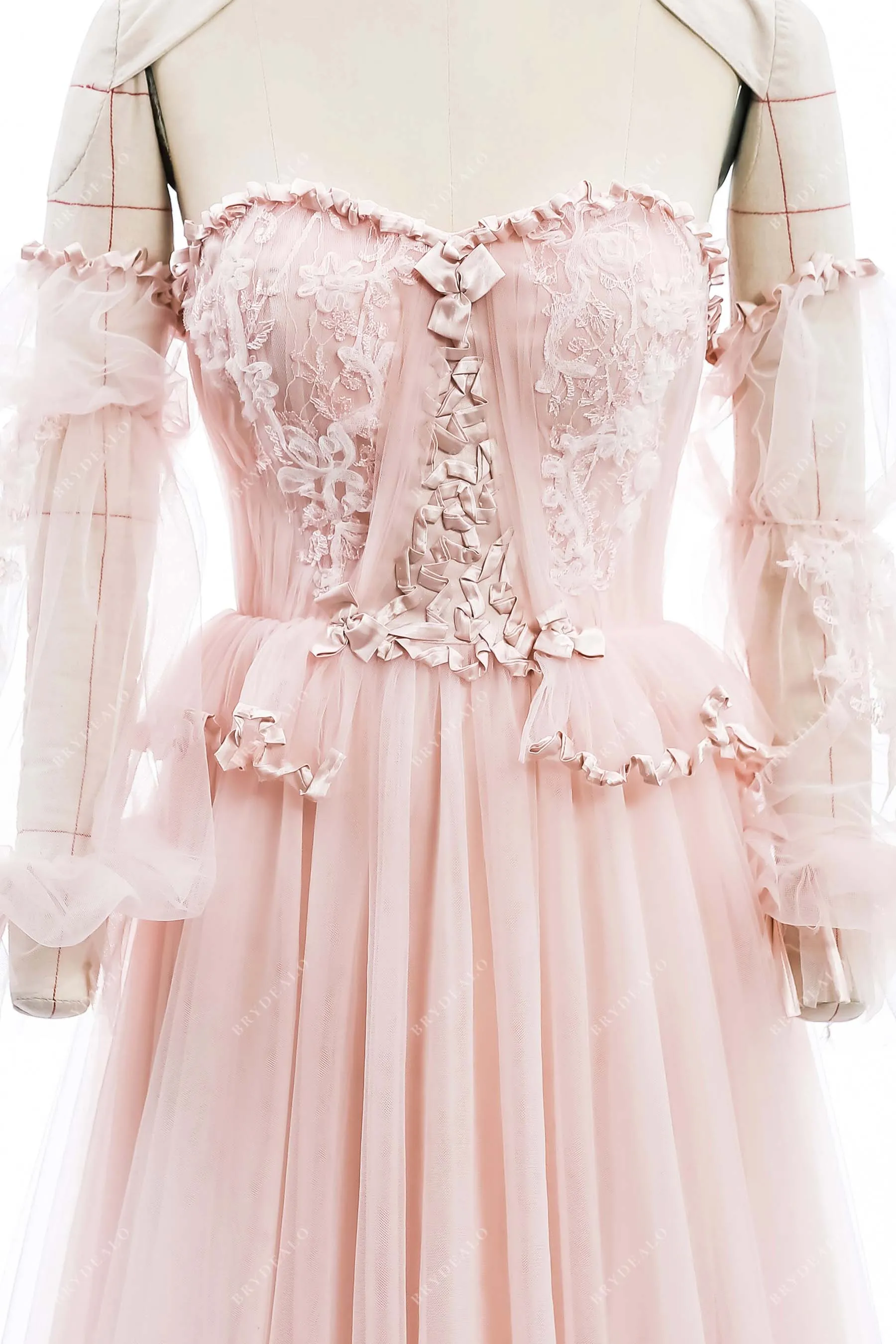 Pearl Pink Lace Tulle Designer Sweetheart Corset Off Shoulder Wedding Dress