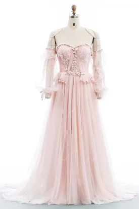 Pearl Pink Lace Tulle Designer Sweetheart Corset Off Shoulder Wedding Dress
