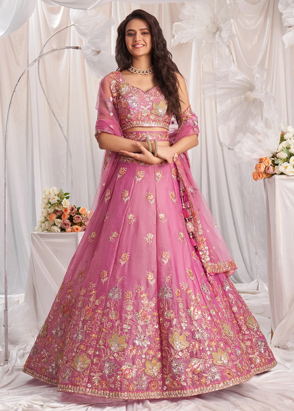 Pink Organza Multi Sequinned Wedding Lehenga Choli