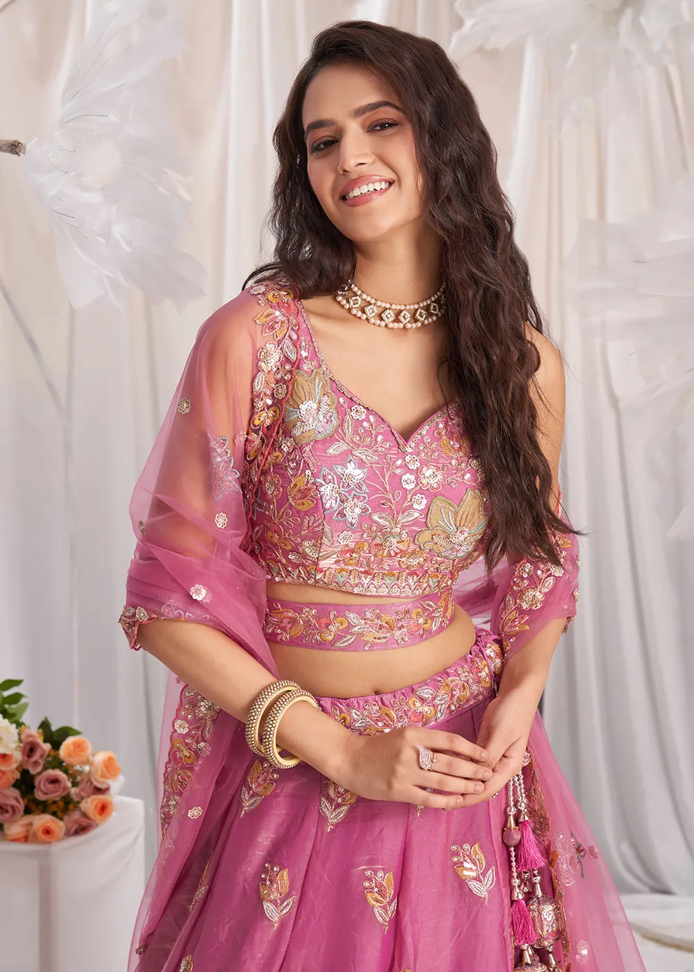 Pink Organza Multi Sequinned Wedding Lehenga Choli