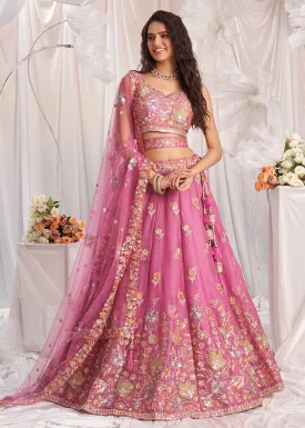 Pink Organza Multi Sequinned Wedding Lehenga Choli