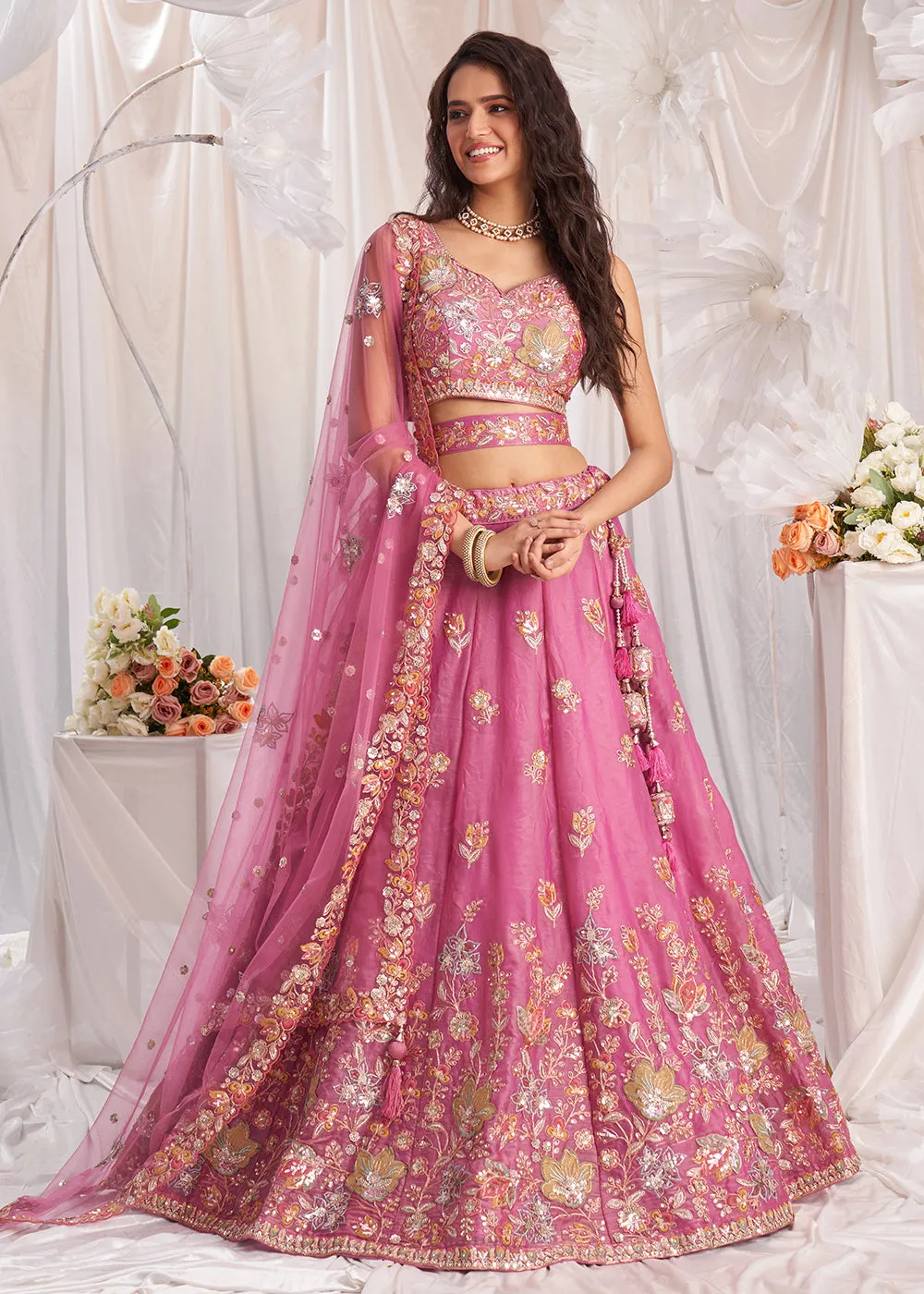 Pink Organza Multi Sequinned Wedding Lehenga Choli