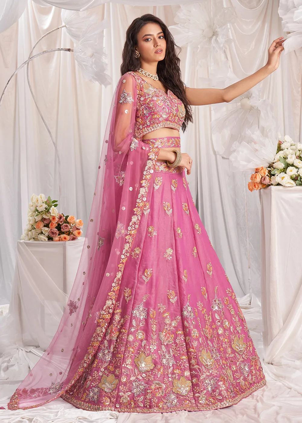 Pink Organza Multi Sequinned Wedding Lehenga Choli