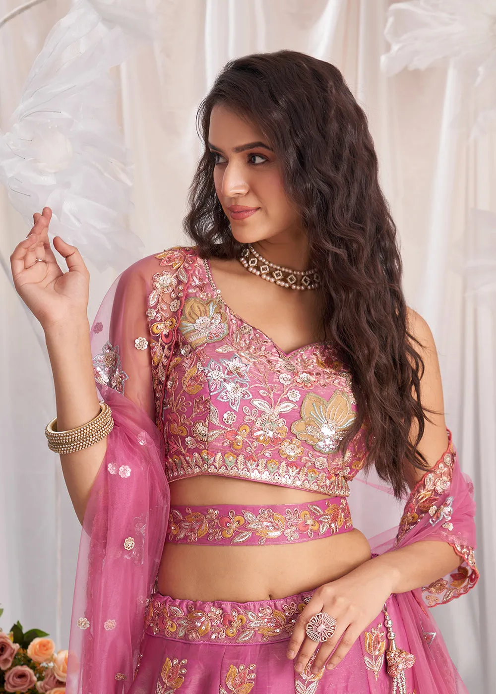 Pink Organza Multi Sequinned Wedding Lehenga Choli