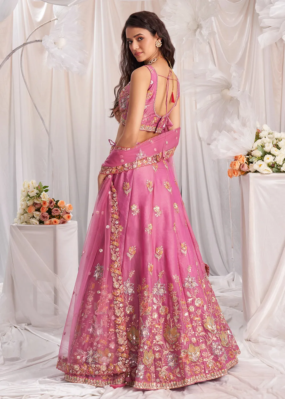 Pink Organza Multi Sequinned Wedding Lehenga Choli
