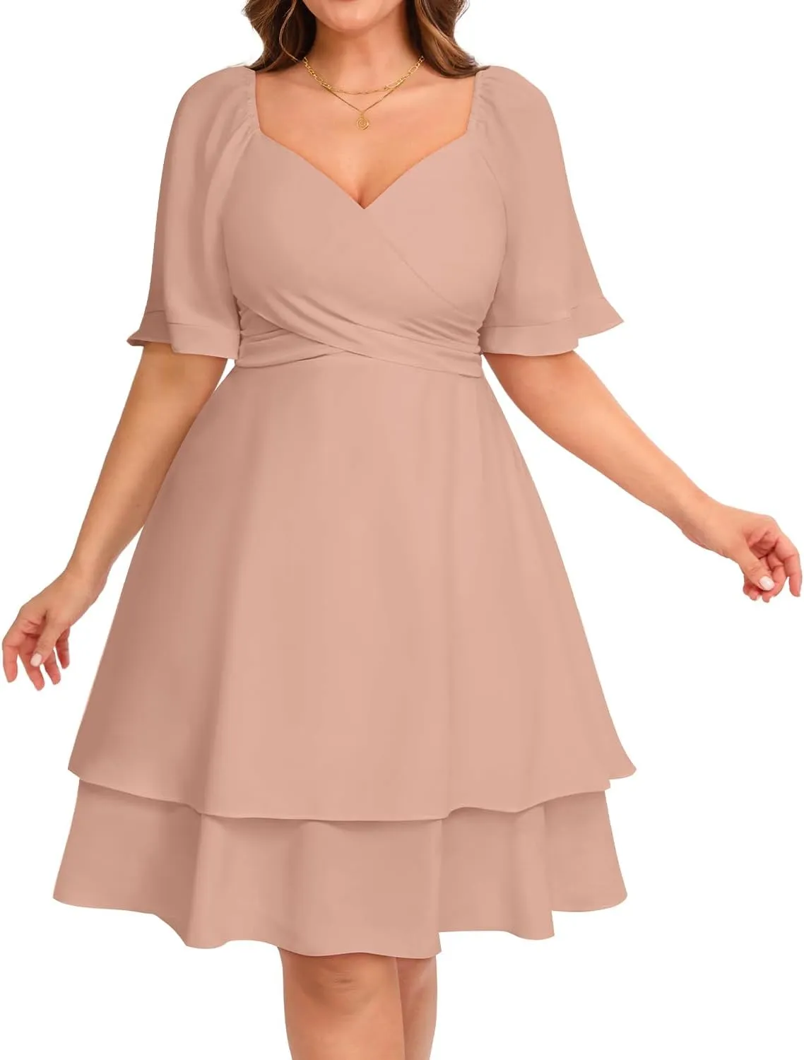 Pinup Fashion Women Graduation Dress Plus Size - Wedding Guest Summer Wrap V Neck Ruffle Knee Length Dresses