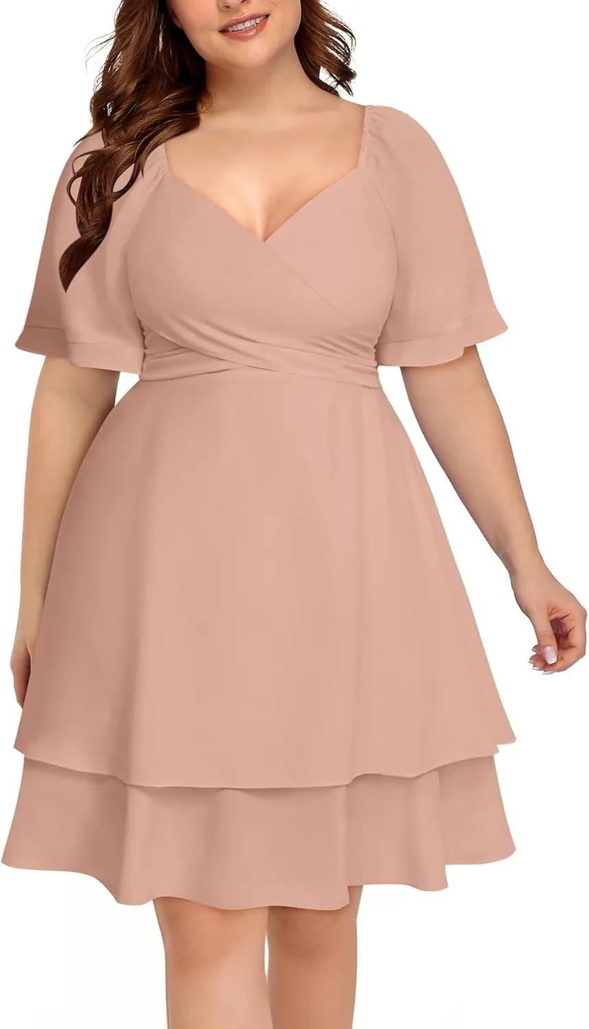Pinup Fashion Women Graduation Dress Plus Size - Wedding Guest Summer Wrap V Neck Ruffle Knee Length Dresses
