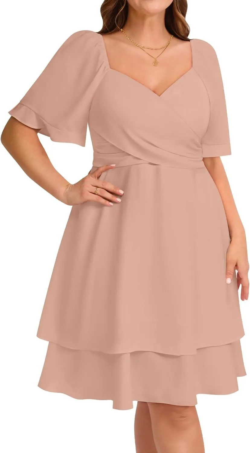 Pinup Fashion Women Graduation Dress Plus Size - Wedding Guest Summer Wrap V Neck Ruffle Knee Length Dresses