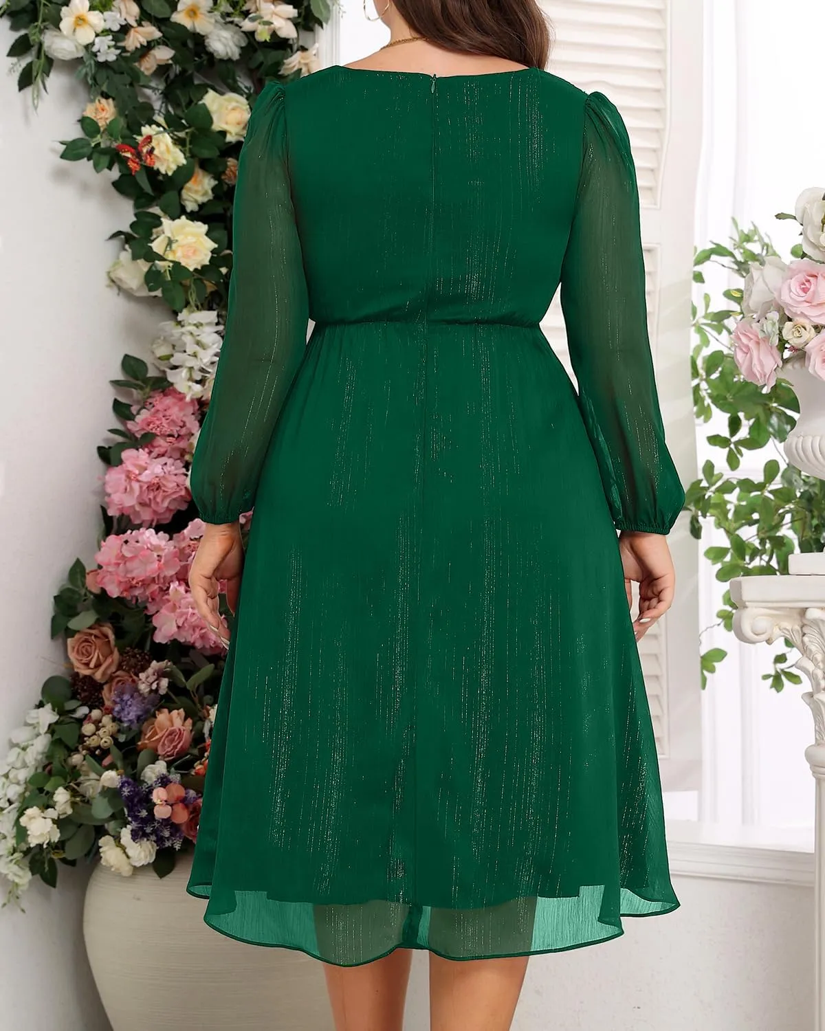 Plus Size Cocktail Dress - Formal Wedding Guest Fall Long Sleeve A Line Pleated V Neck Midi Dresses for Curvy Women