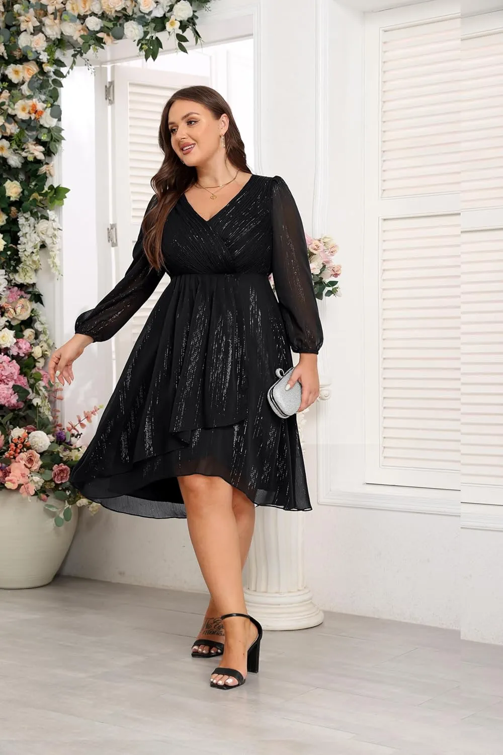 Plus Size Cocktail Dress - Formal Wedding Guest Fall Long Sleeve A Line Pleated V Neck Midi Dresses for Curvy Women