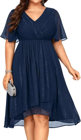 Plus Size Cocktail Dress - Formal Wedding Guest Fall Long Sleeve A Line Pleated V Neck Midi Dresses for Curvy Women