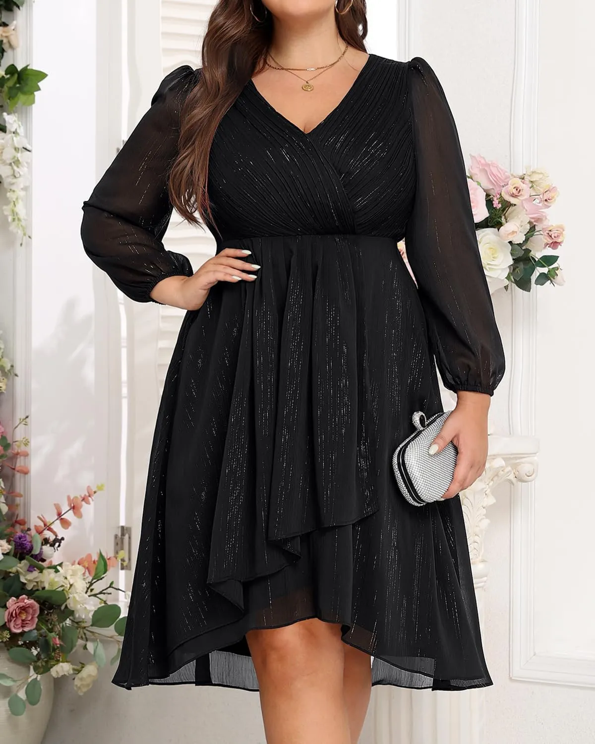 Plus Size Cocktail Dress - Formal Wedding Guest Fall Long Sleeve A Line Pleated V Neck Midi Dresses for Curvy Women