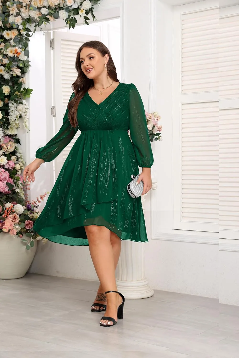 Plus Size Cocktail Dress - Formal Wedding Guest Fall Long Sleeve A Line Pleated V Neck Midi Dresses for Curvy Women