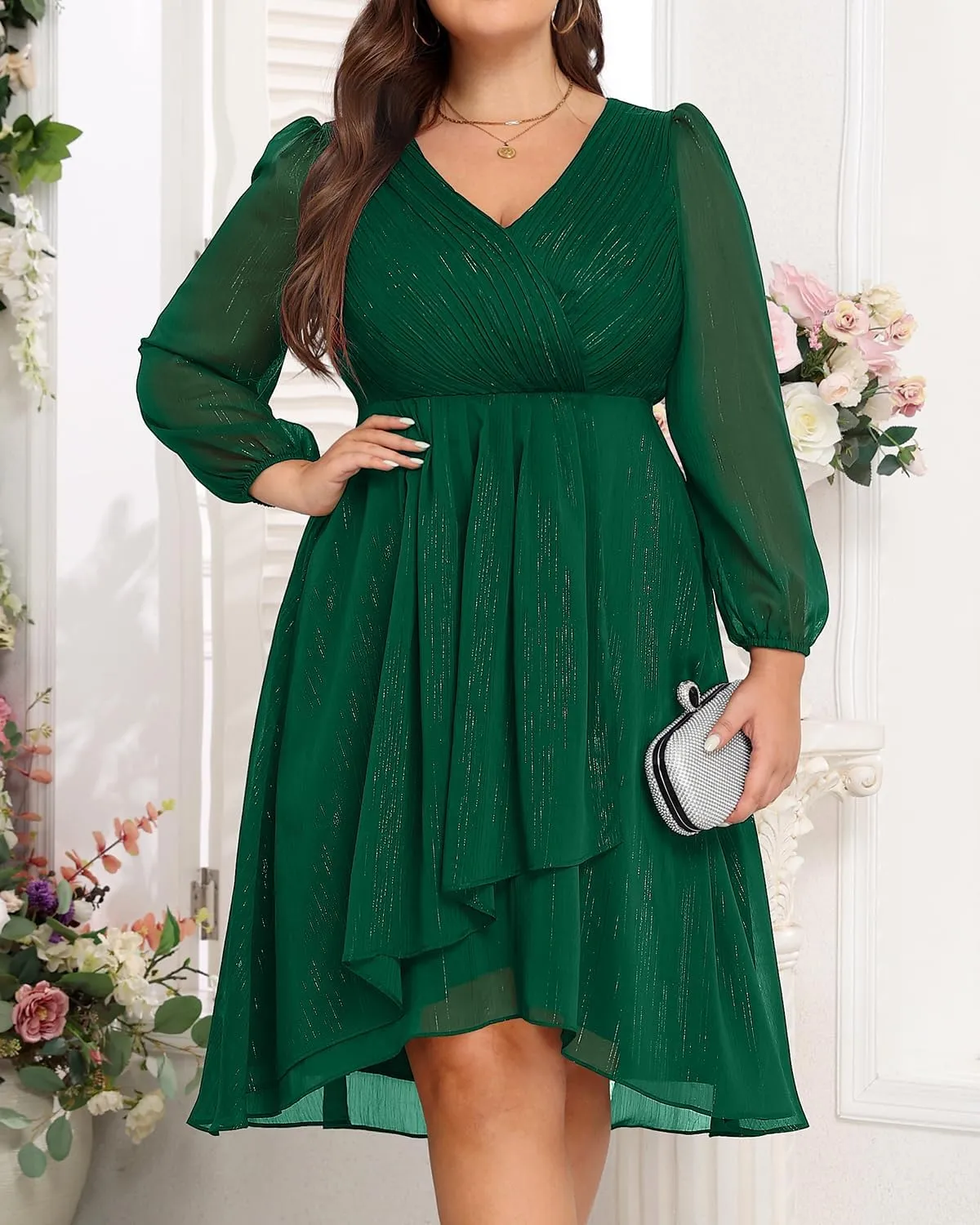 Plus Size Cocktail Dress - Formal Wedding Guest Fall Long Sleeve A Line Pleated V Neck Midi Dresses for Curvy Women