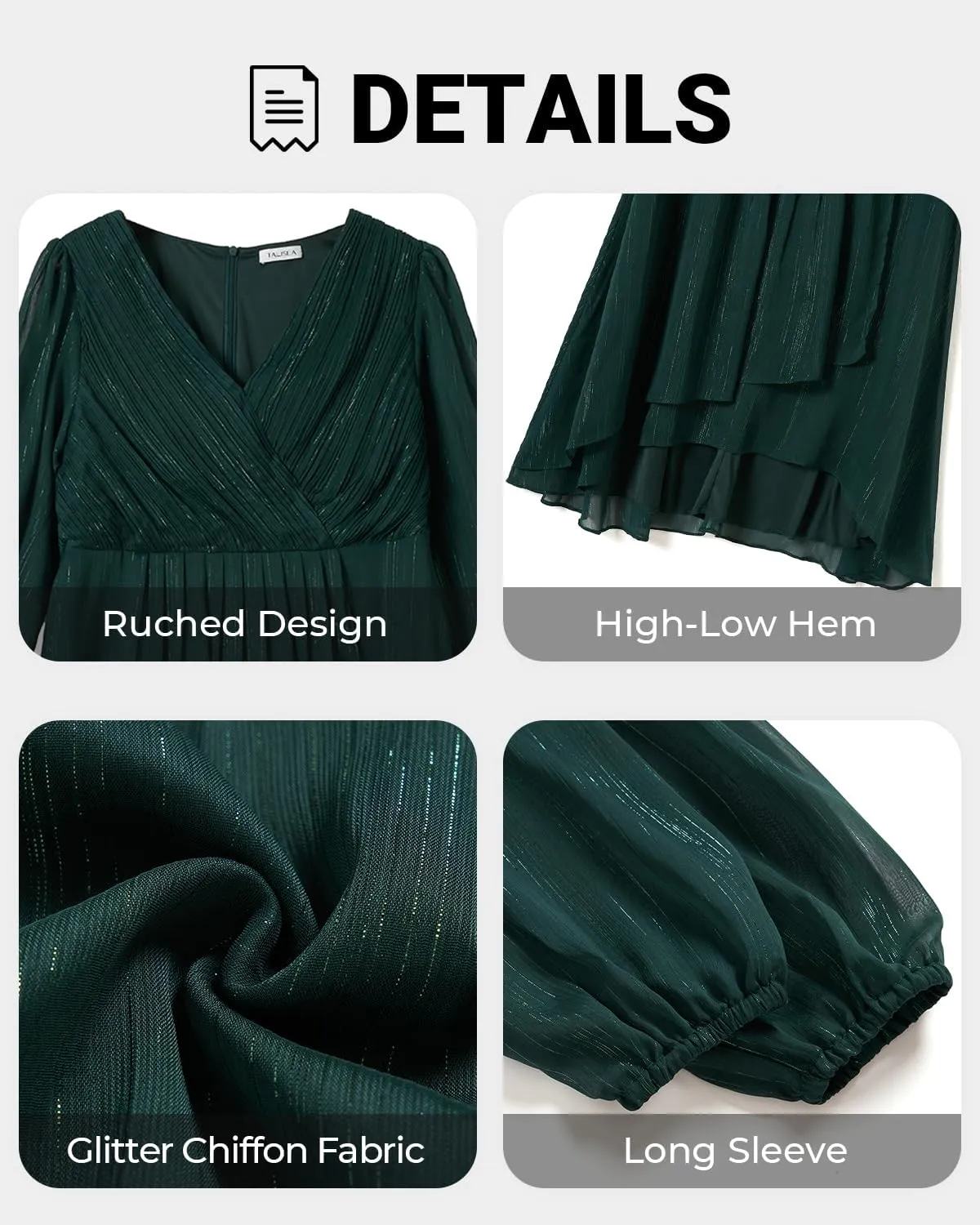 Plus Size Cocktail Dress - Formal Wedding Guest Fall Long Sleeve A Line Pleated V Neck Midi Dresses for Curvy Women