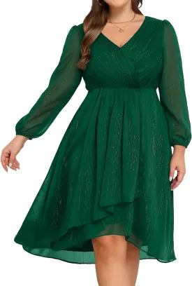 Plus Size Cocktail Dress - Formal Wedding Guest Fall Long Sleeve A Line Pleated V Neck Midi Dresses for Curvy Women