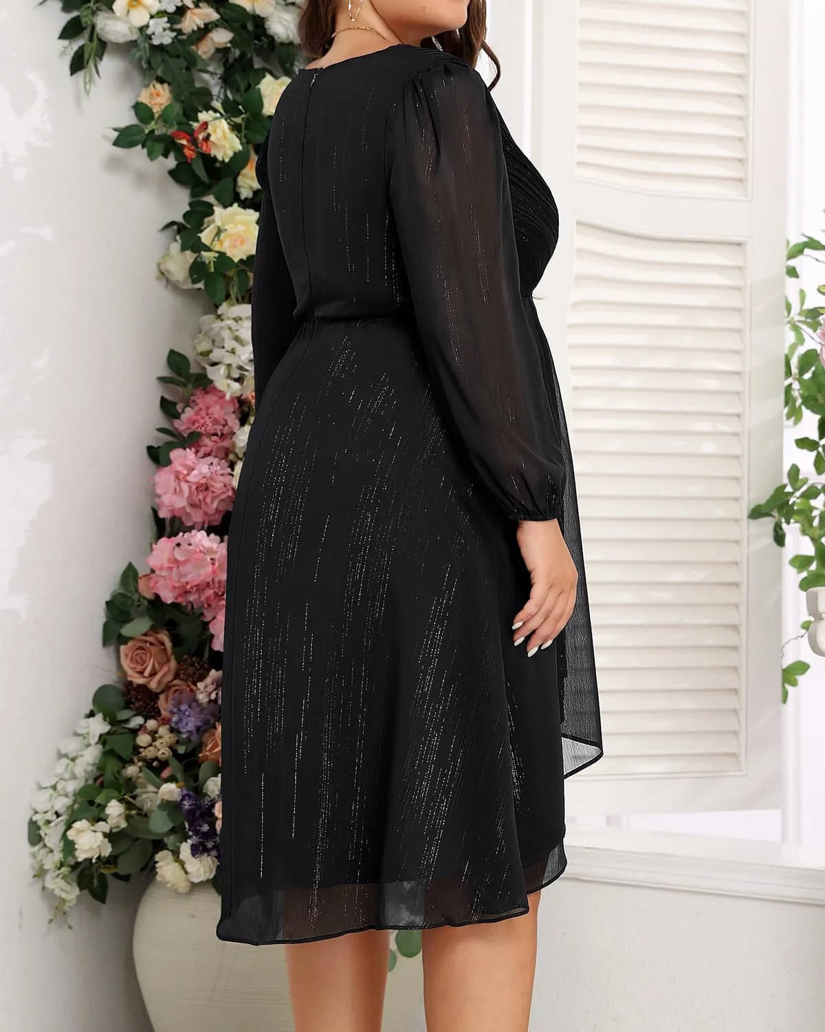 Plus Size Cocktail Dress - Formal Wedding Guest Fall Long Sleeve A Line Pleated V Neck Midi Dresses for Curvy Women