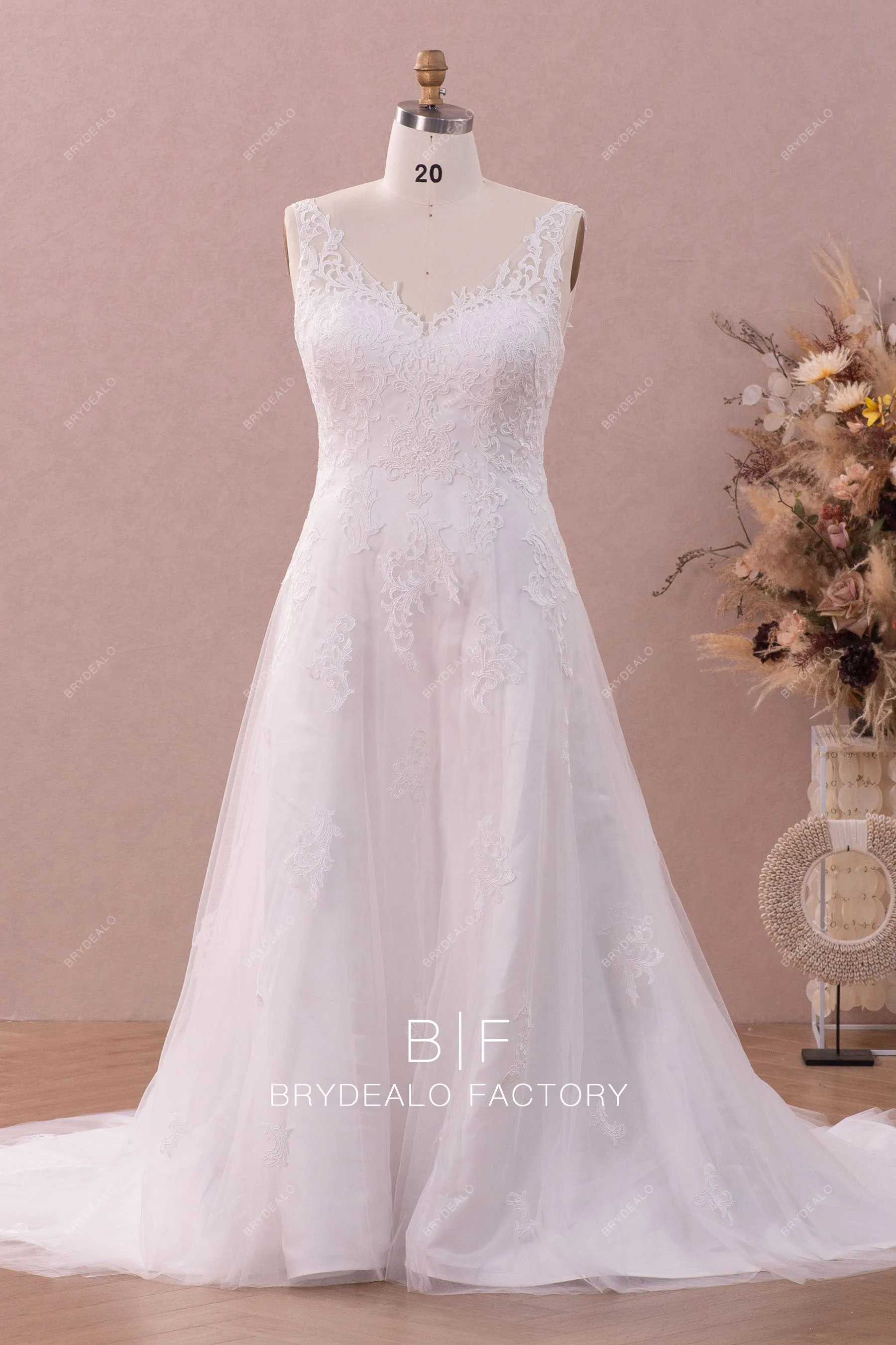 Plus Size Designer Lace Straps V-neck A-line Wedding Gown