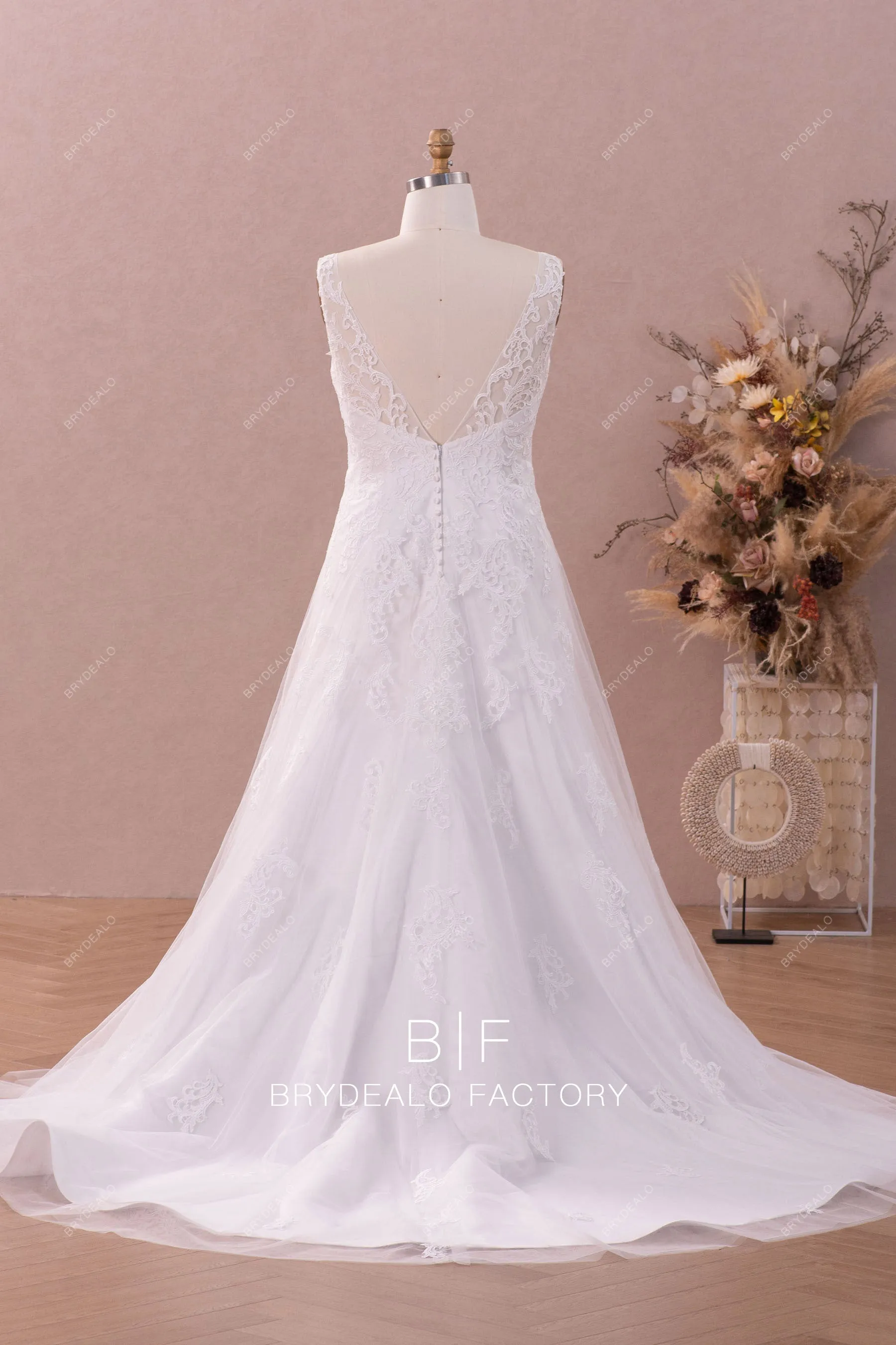 Plus Size Designer Lace Straps V-neck A-line Wedding Gown