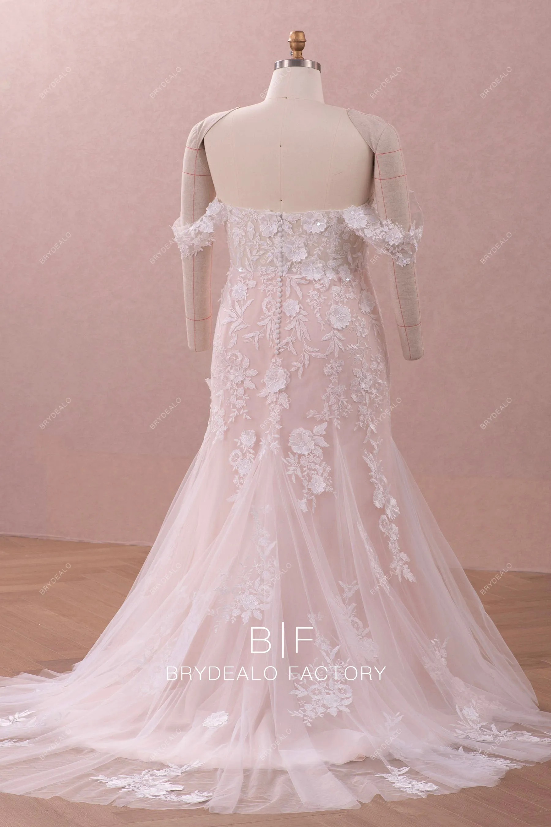 Plus Size Nude Pink Off Shoulder Lace Mermaid Destination Wedding Dress