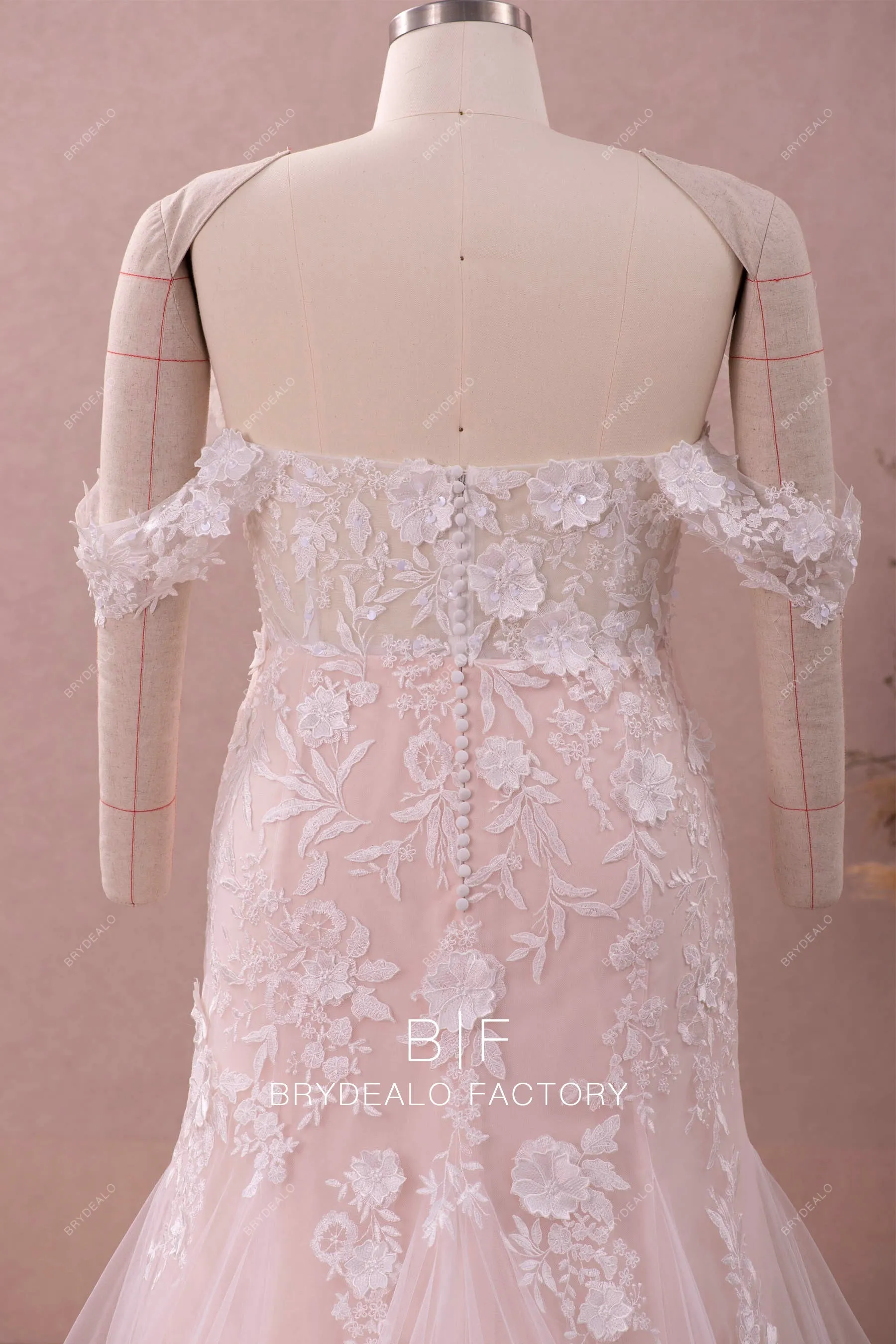 Plus Size Nude Pink Off Shoulder Lace Mermaid Destination Wedding Dress