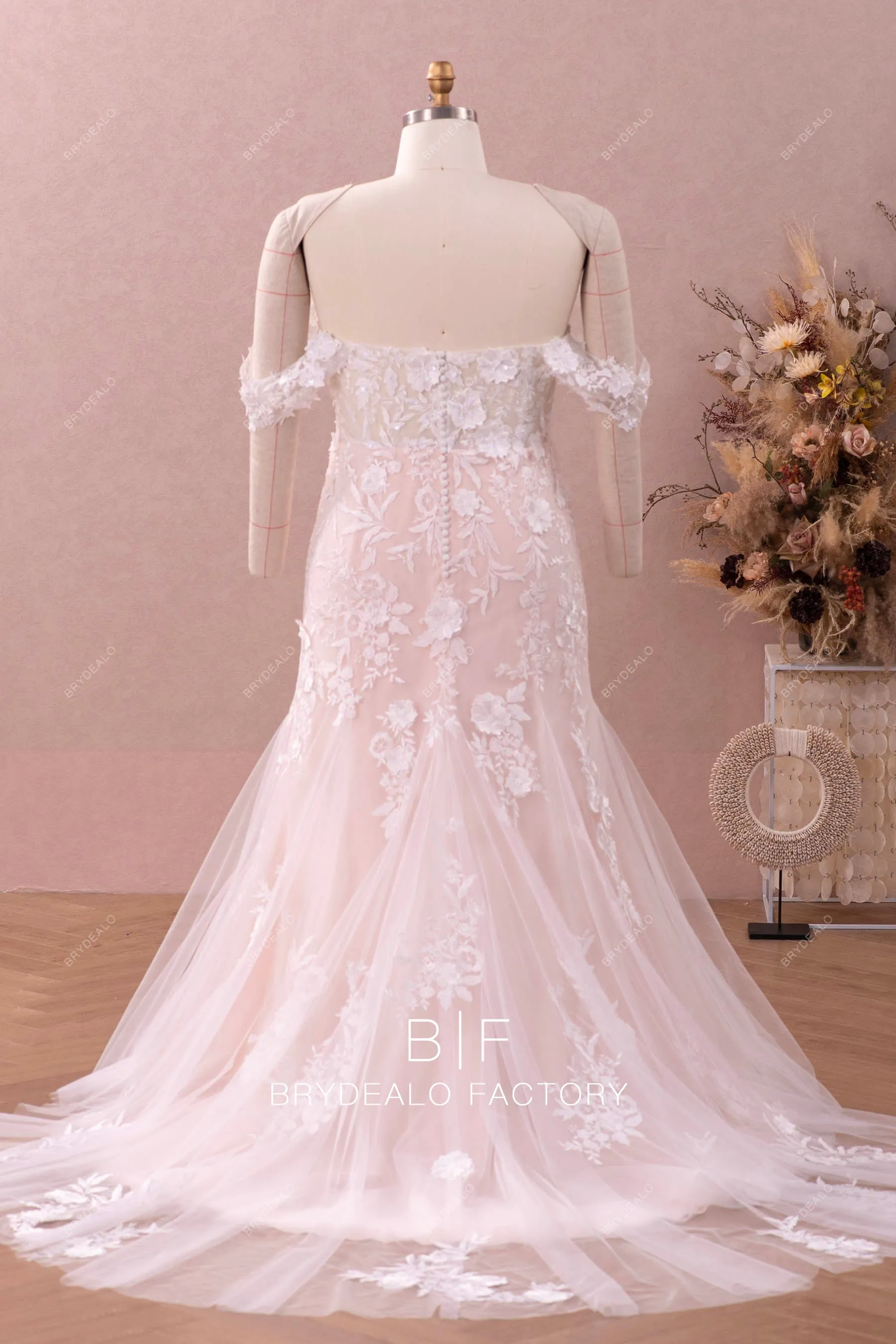 Plus Size Nude Pink Off Shoulder Lace Mermaid Destination Wedding Dress