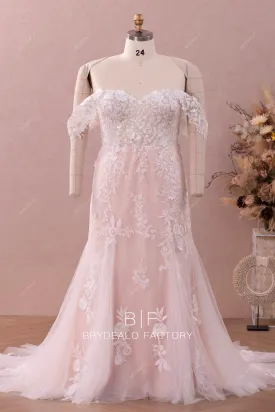 Plus Size Nude Pink Off Shoulder Lace Mermaid Destination Wedding Dress