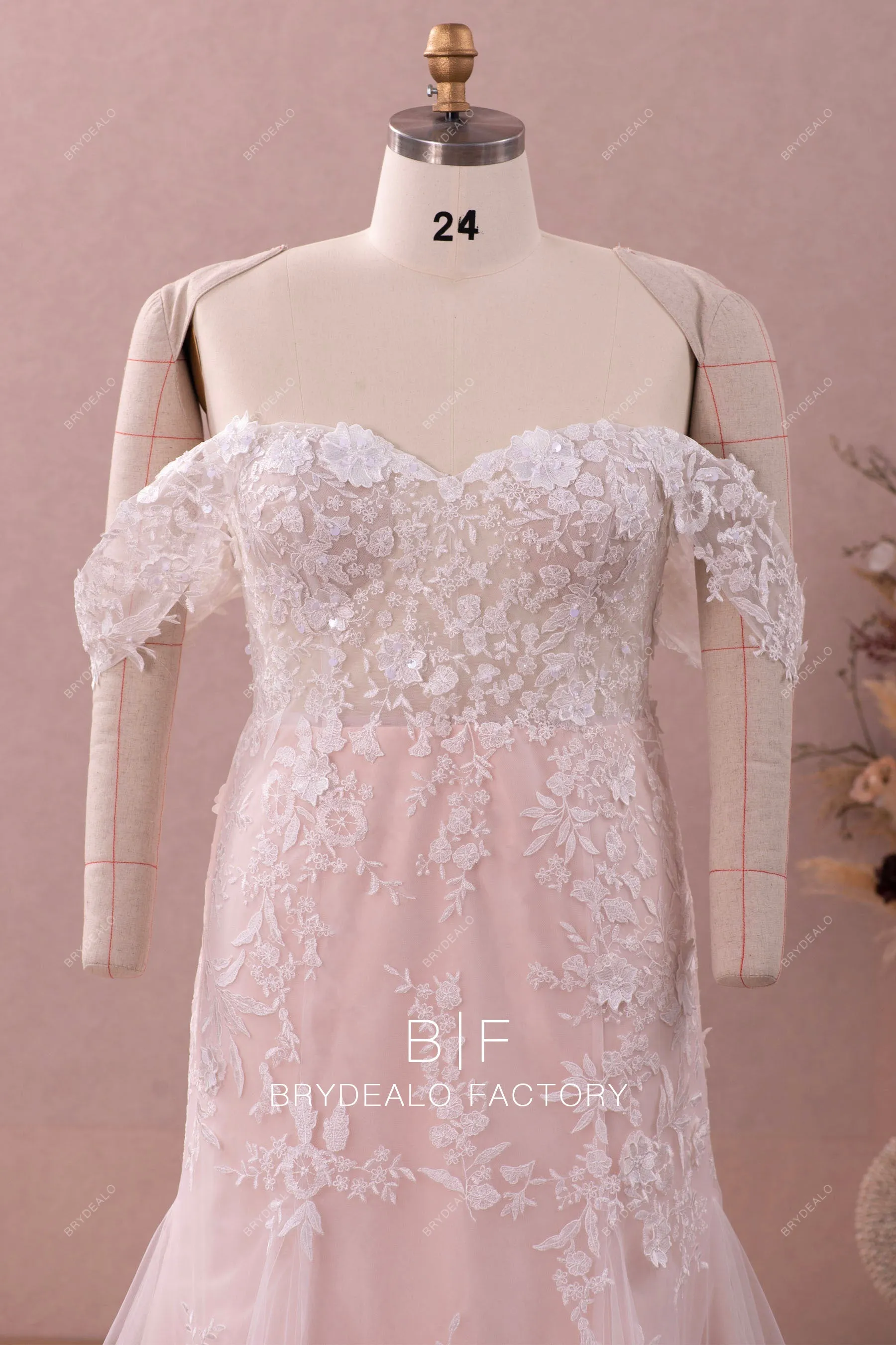 Plus Size Nude Pink Off Shoulder Lace Mermaid Destination Wedding Dress