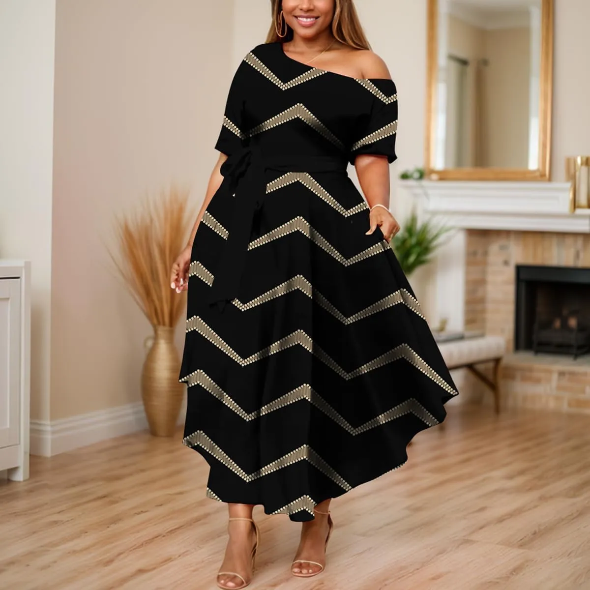 Plus Size Women Wedding Guest Dress Off Shoulder Boat Neck Irregularly Flowy Midi Church Dress