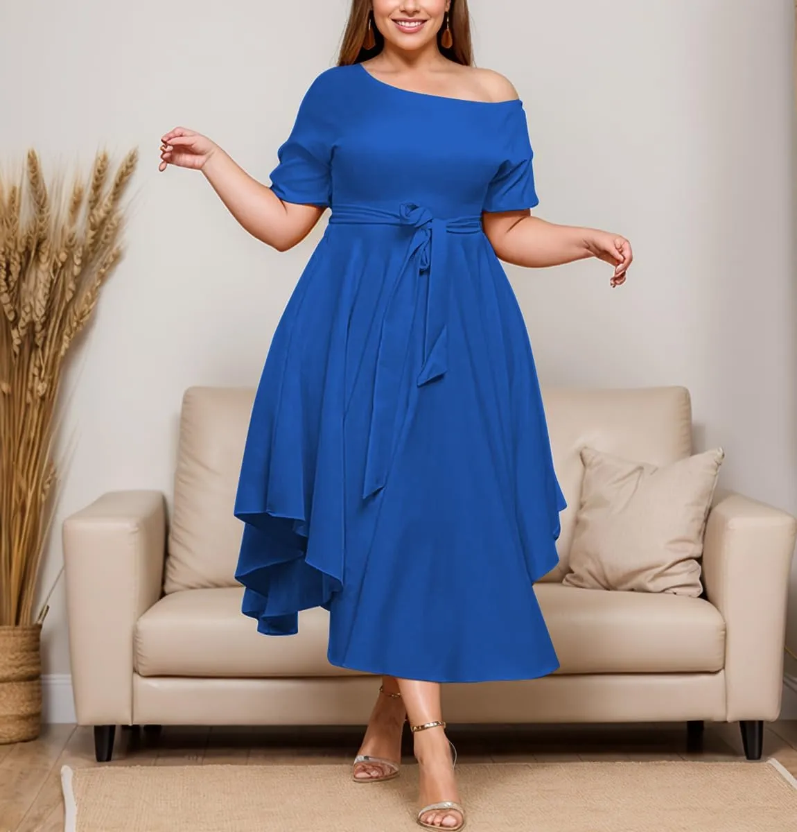 Plus Size Women Wedding Guest Dress Off Shoulder Boat Neck Irregularly Flowy Midi Church Dress