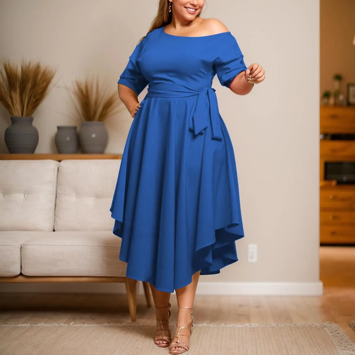 Plus Size Women Wedding Guest Dress Off Shoulder Boat Neck Irregularly Flowy Midi Church Dress