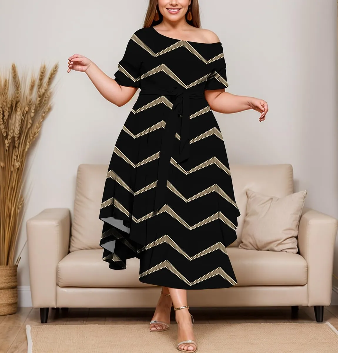 Plus Size Women Wedding Guest Dress Off Shoulder Boat Neck Irregularly Flowy Midi Church Dress
