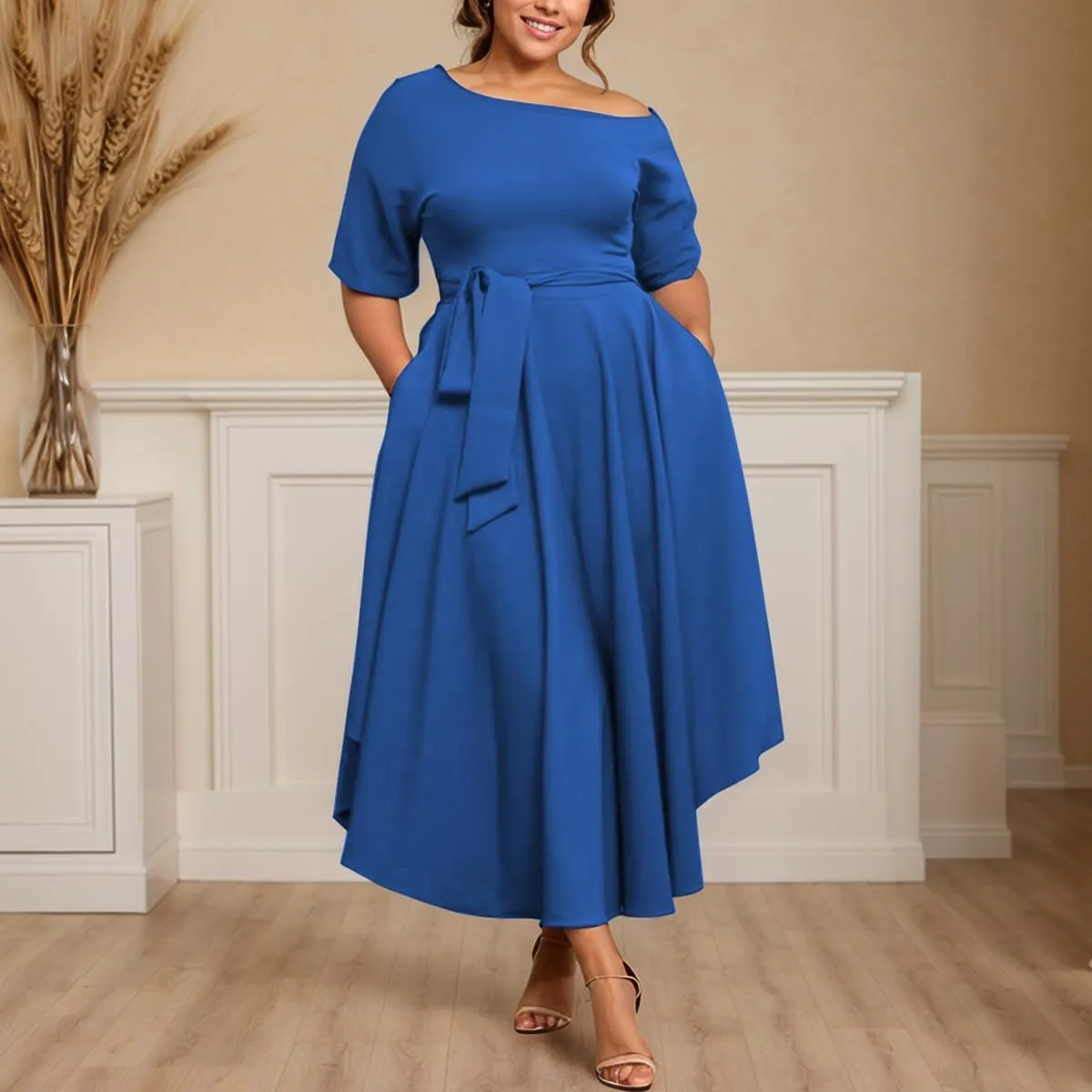 Plus Size Women Wedding Guest Dress Off Shoulder Boat Neck Irregularly Flowy Midi Church Dress