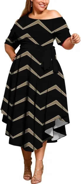 Plus Size Women Wedding Guest Dress Off Shoulder Boat Neck Irregularly Flowy Midi Church Dress