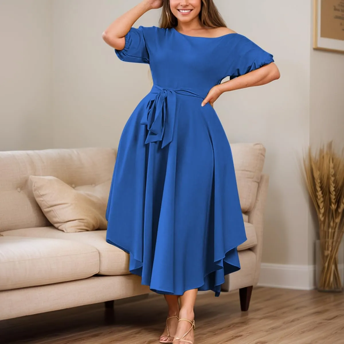 Plus Size Women Wedding Guest Dress Off Shoulder Boat Neck Irregularly Flowy Midi Church Dress