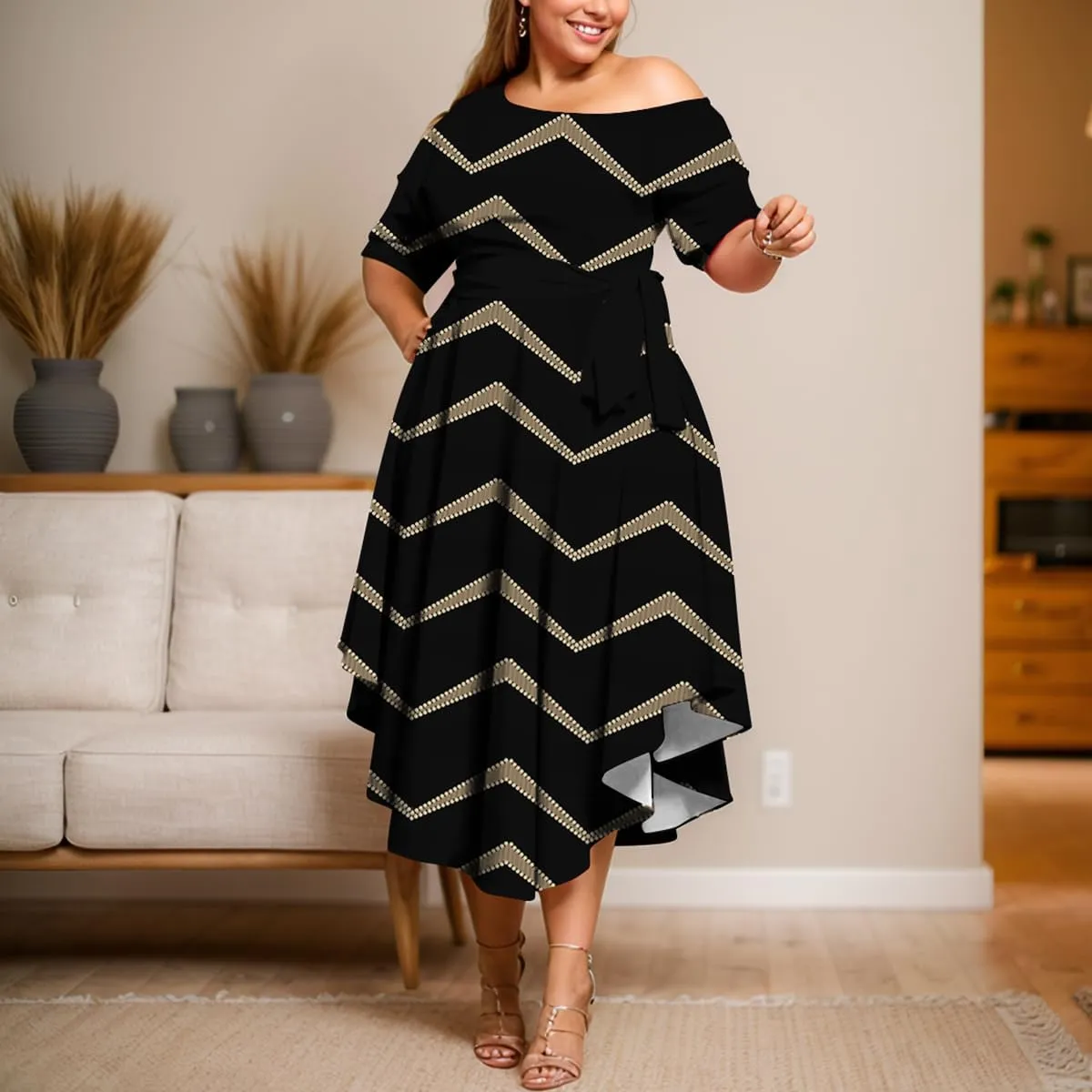 Plus Size Women Wedding Guest Dress Off Shoulder Boat Neck Irregularly Flowy Midi Church Dress