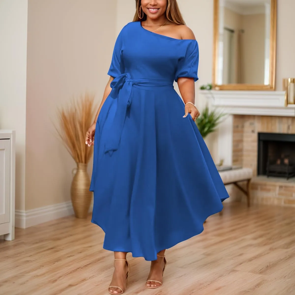 Plus Size Women Wedding Guest Dress Off Shoulder Boat Neck Irregularly Flowy Midi Church Dress
