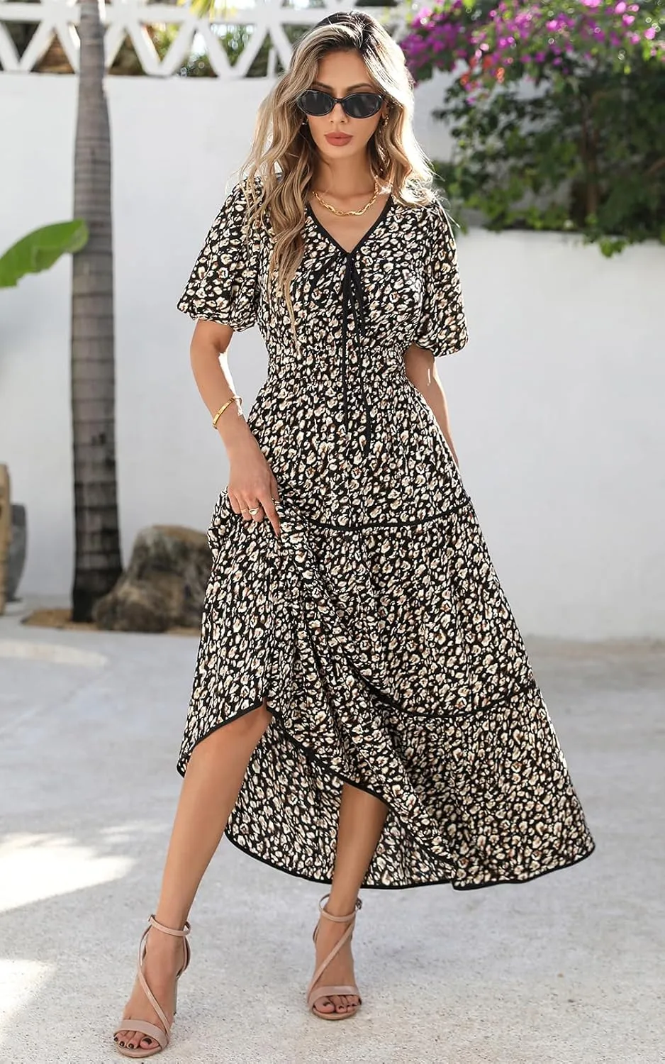 PRETTYGARDEN Women Summer Boho Maxi Dresses 2025 V Neck Puff Short Sleeve A-Line Flowy Tiered Floral Wedding Guest Dress