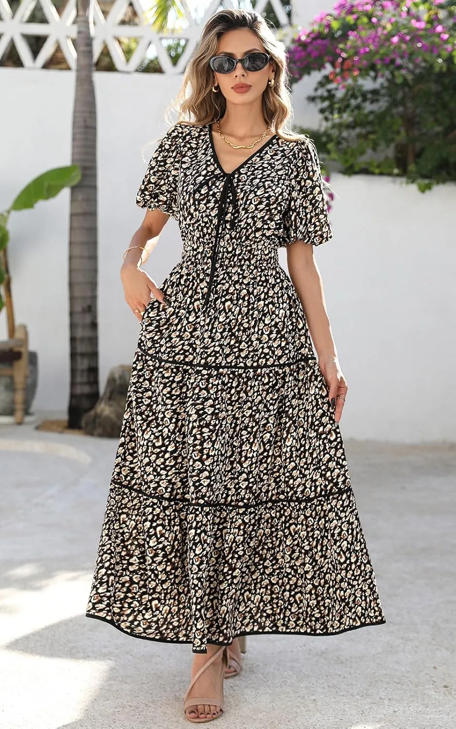 PRETTYGARDEN Women Summer Boho Maxi Dresses 2025 V Neck Puff Short Sleeve A-Line Flowy Tiered Floral Wedding Guest Dress