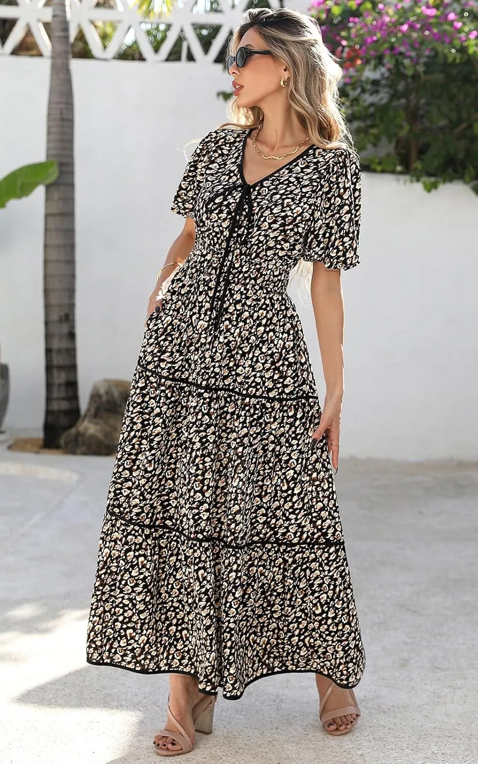 PRETTYGARDEN Women Summer Boho Maxi Dresses 2025 V Neck Puff Short Sleeve A-Line Flowy Tiered Floral Wedding Guest Dress