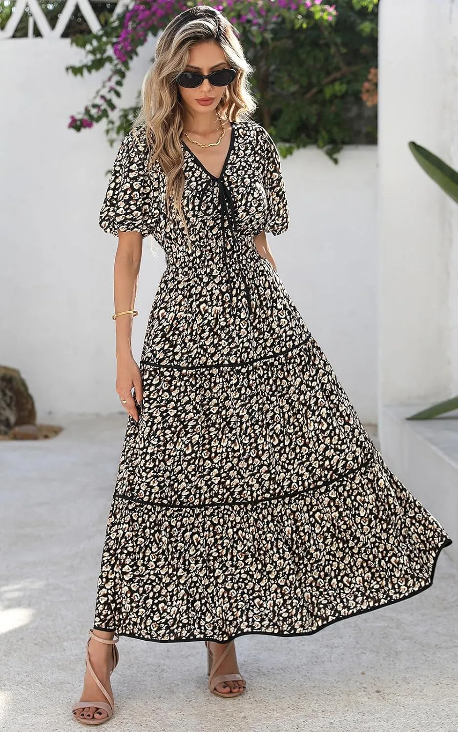 PRETTYGARDEN Women Summer Boho Maxi Dresses 2025 V Neck Puff Short Sleeve A-Line Flowy Tiered Floral Wedding Guest Dress