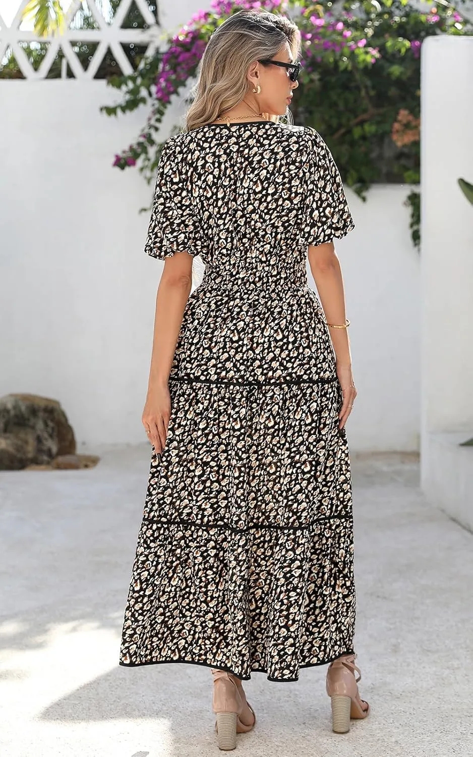 PRETTYGARDEN Women Summer Boho Maxi Dresses 2025 V Neck Puff Short Sleeve A-Line Flowy Tiered Floral Wedding Guest Dress